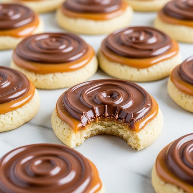 The image shows round cookies with three layers. The base layer is a pale, soft cookie with a smooth and slightly crumbly texture. On top of the cookie is a shiny, golden caramel layer that edges close to the cookie’s border but leaves a little space around. The top layer is glossy, melted milk chocolate spread in a swirl pattern, creating a snail-like design in the center. One cookie has a bite taken out, showing the soft inside of the cookie and layers clearly. The cookies rest closely together on a baking sheet, with a white marbled texture as the background. Photo taken with an iphone --ar 4:5 --v 7