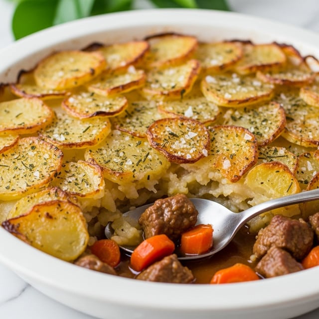 A close-up of a white round dish filled with a layered potato casserole, showing a top layer of thin, golden-brown potato slices with crispy edges sprinkled with herbs and coarse salt. Below the potato layer, visible near the dish's edge, are chunks of cooked meat and small pieces of orange carrots in a rich, glossy sauce. A silver spoon rests inside the dish, partially submerged in the sauce and meat. The background is a soft focus white marbled surface with green leaves blurred in the upper part of the image. Photo taken with an iphone --ar 4:5 --v 7