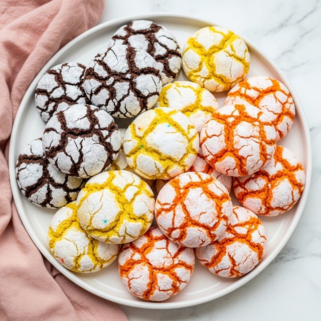 The image shows a white plate filled with round crinkle cookies in three different colors: dark brown, light yellow with tiny colorful specks, and bright orange. Each cookie has a cracked surface dusted with powdered sugar, giving a textured look with white highlights contrasting the base colors. The cookies are piled on the plate, some overlapping each other, and the plate sits on a white marbled surface with a soft, rose-colored cloth visible on the left side. photo taken with an iphone --ar 4:5 --v 7