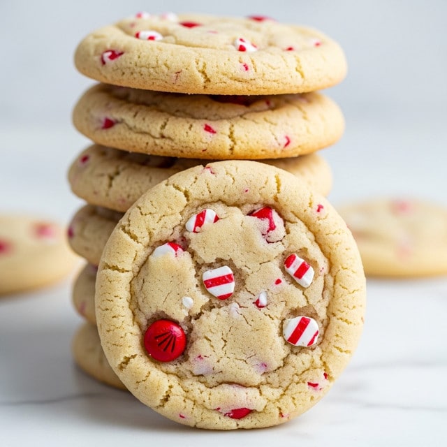 A close-up view of a stack of soft cookies with a light golden color and small red candy pieces mixed throughout. The stack shows about five cookies piled vertically, with the front cookie fully visible and slightly textured, highlighting the softness and slight cracks on the surface. The cookies are placed directly on a white marbled surface, giving a clean and bright look to the image. Soft natural lighting enhances the warm tones of the cookies. Photo taken with an iphone --ar 4:5 --v 7