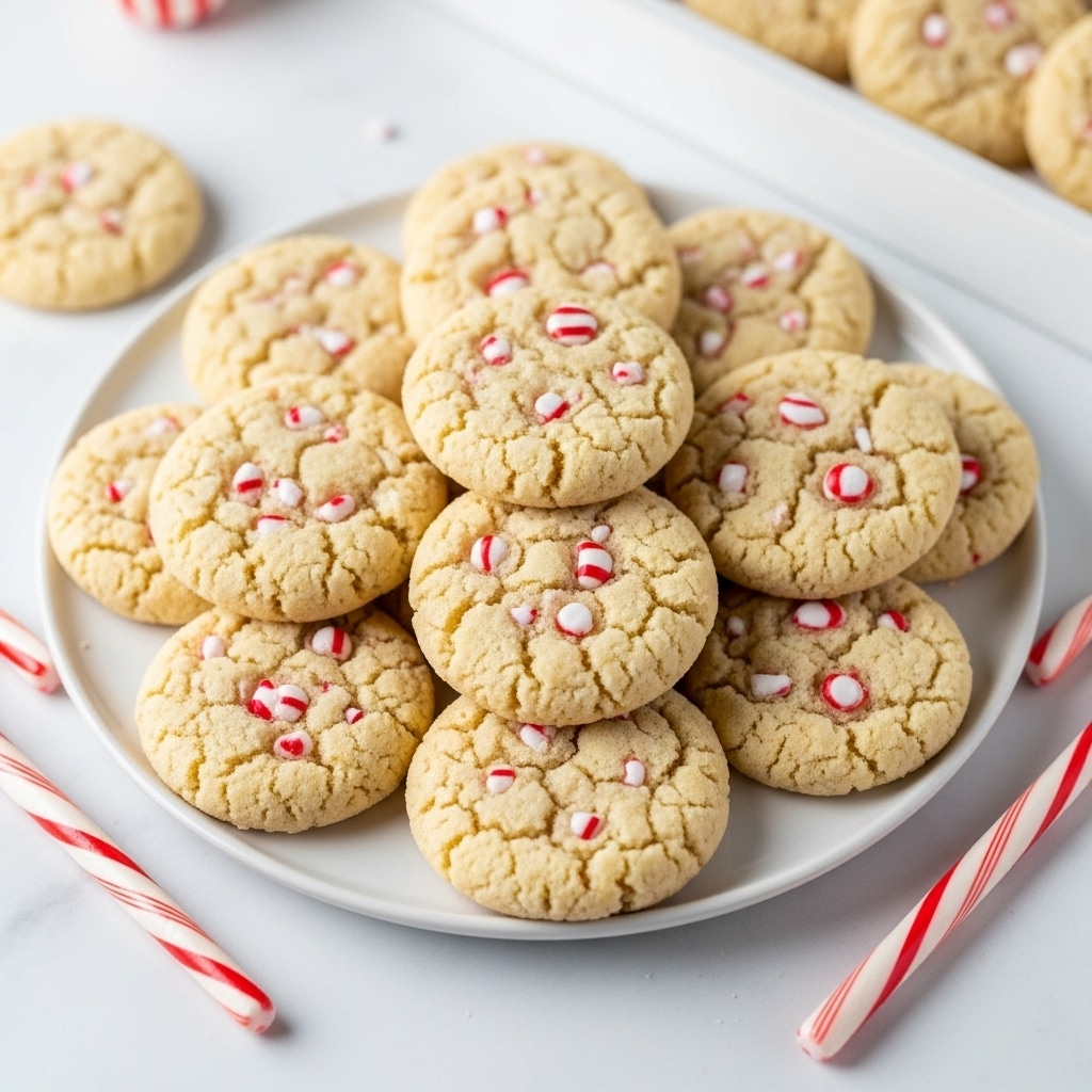A white plate holds a neat pile of round, soft cookies, each about the same size, with a light golden color and small red candy pieces spread throughout. The cookies are arranged in a layered stack, with some overlapping each other, showing their cracked tops and slightly rough texture. The plate sits on a white marbled surface with two candy canes beside it, along with a white tray partially visible in the background holding more cookies. The overall look is cozy and festive. photo taken with an iphone --ar 4:5 --v 7