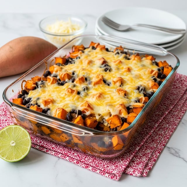 A clear glass rectangular dish is filled with a mixed-layer salad consisting of chopped orange sweet potatoes, scattered black beans, diced white sections of cabbage, small white grains, and bits of red onion, all coated with a reddish sauce and some melted shredded cheese spread throughout. The dish sits on a white marbled surface with a dark cloth underneath. Around it, there is a whole purple onion, a whole orange sweet potato, a halved lime showing its bright green interior, a small glass bowl of shredded cheese, and stacked white plates with silver forks on a white cloth. photo taken with an iphone --ar 4:5 --v 7