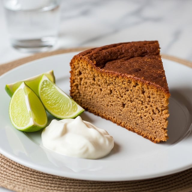 A slice of thick, moist brown cake with a slightly crispy top layer sits on a white plate. On the same plate to the left of the cake, there are four bright green lime wedges with shiny, juicy texture and a small dollop of white cream with a smooth, soft texture. The plate is placed on a coarse brown mat, and in the blurred background, there is a clear glass of water on a white marbled surface. photo taken with an iphone --ar 4:5 --v 7