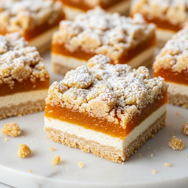 A close-up of square dessert bars arranged on a white marbled surface with a white base layer that looks crumbly and firm. Above the base is a thick, smooth, and shiny orange layer of fruit filling, while the top layer is a crumbly, light golden streusel with powdered sugar dusted over it, giving a soft, textured appearance. The bars show crumbs scattered around them on the surface, adding a natural, homemade touch. Photo taken with an iphone --ar 4:5 --v 7
