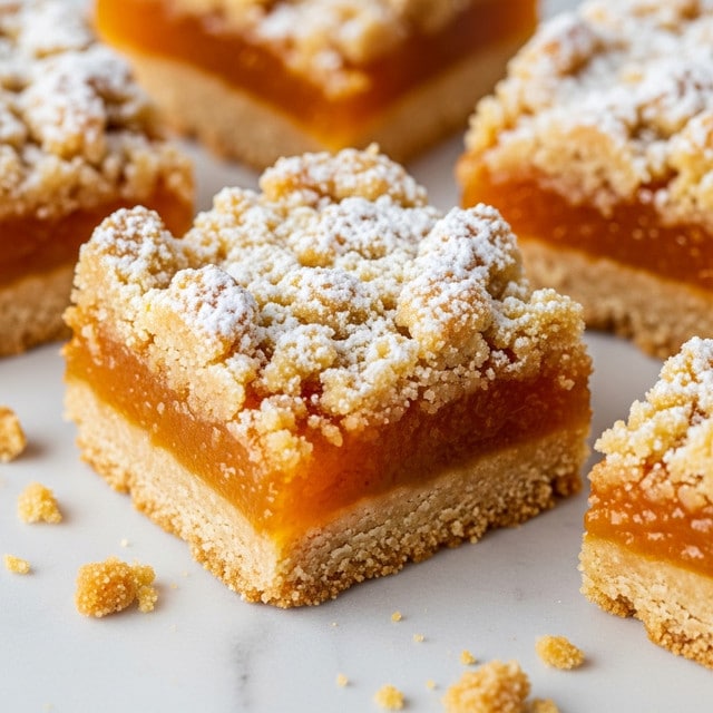 The image shows a close-up of square-shaped dessert bars with three layers. The bottom layer is a firm, golden-brown crust that looks crumbly. The middle layer is thick and bright orange with a smooth, jelly-like texture, suggesting a fruity filling. The top layer is made of a crumbly, golden streusel with an uneven texture and sprinkled with white powdered sugar, giving it a snowy look. Some crumbs are scattered around the bars on a white marbled surface. The bars are arranged close to each other with one in clear focus. Photo taken with an iphone --ar 4:5 --v 7