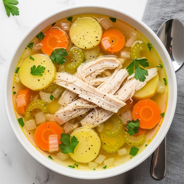 A white bowl filled with clear chicken soup showing several layers, starting with the pale yellow broth at the base, topped with light beige shredded chicken pieces placed unevenly across the surface. There are slices of orange carrots and pale yellow potato rounds mixed in throughout, along with small, slightly translucent diced onions and pale green celery segments. Fresh green parsley leaves sprinkle over the top adding touches of vibrant color, while a few black pepper specks float on the soup and bowl rim. The bowl rests on a white marbled texture surface with part of a grey cloth and silver spoon visible beside it. Photo taken with an iphone --ar 4:5 --v 7