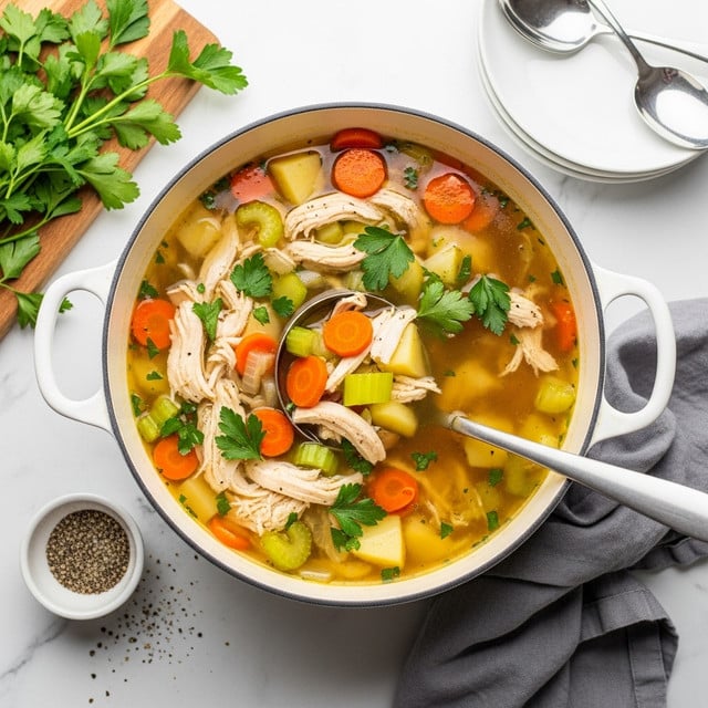 A large white pot filled with homemade chicken soup is shown on a white marbled surface. The soup has a clear golden broth with many colorful ingredients floating in it: shredded white chicken pieces, bright orange carrot slices, light green celery pieces, and chunks of pale potato. Fresh green parsley leaves are scattered on top, adding a fresh touch. A silver ladle is partially submerged in the soup, scooping some of the mix. Nearby, there is a small white bowl with crushed black pepper and a few white plates stacked with two silver spoons on top. Fresh parsley sprigs lie on a wooden cutting board in the top left corner, and a gray cloth napkin is placed under one handle of the pot. photo taken with an iphone --ar 4:5 --v 7