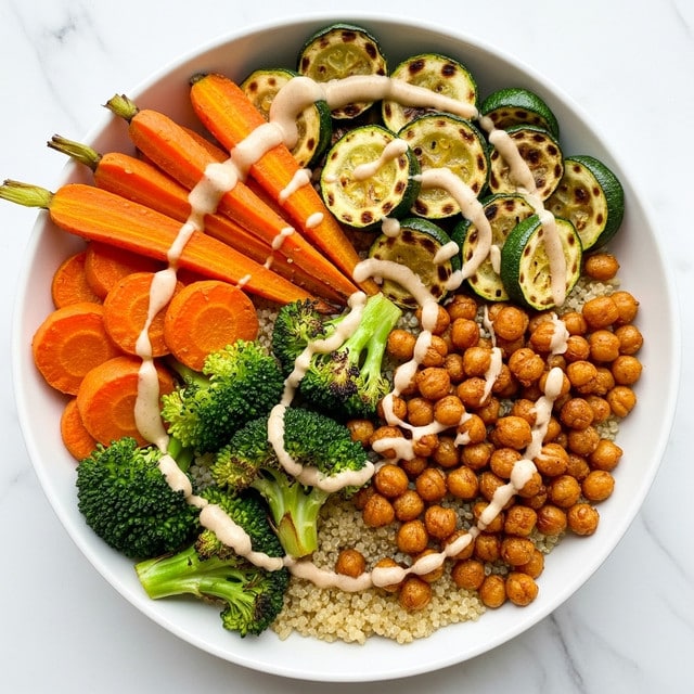 A white bowl filled with layers of colorful roasted vegetables and grains, starting with a base of light beige quinoa at the bottom. On top, there are golden-brown roasted chickpeas spread across the right and lower section, covered partially with a creamy light tan sauce drizzled unevenly. To the left, bright orange roasted carrot sticks and round carrot slices are arranged next to vibrant green broccoli florets with some charred edges. On the upper right side, green zucchini slices are roasted with browned grill marks and topped with more sauce. The bowl rests on a white marbled surface, giving a clean and fresh look. Photo taken with an iphone --ar 4:5 --v 7
