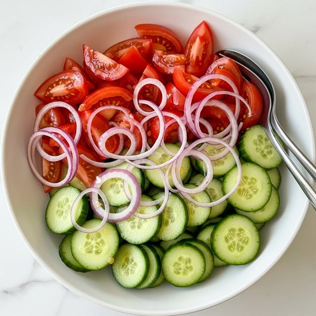 A white bowl filled with a fresh salad sits on a white marbled surface. The salad has three main layers: the bottom layer is bright green cucumber pieces cut into thick slices, the middle layer shows bright red tomato wedges spread evenly, and the top layer consists of thin, pale purple onion slices scattered across. The colors are vivid, and some drops of clear dressing can be seen glistening on the vegetables. A silver serving spoon and fork rest on the edge of the bowl. Photo taken with an iphone --ar 4:5 --v 7
