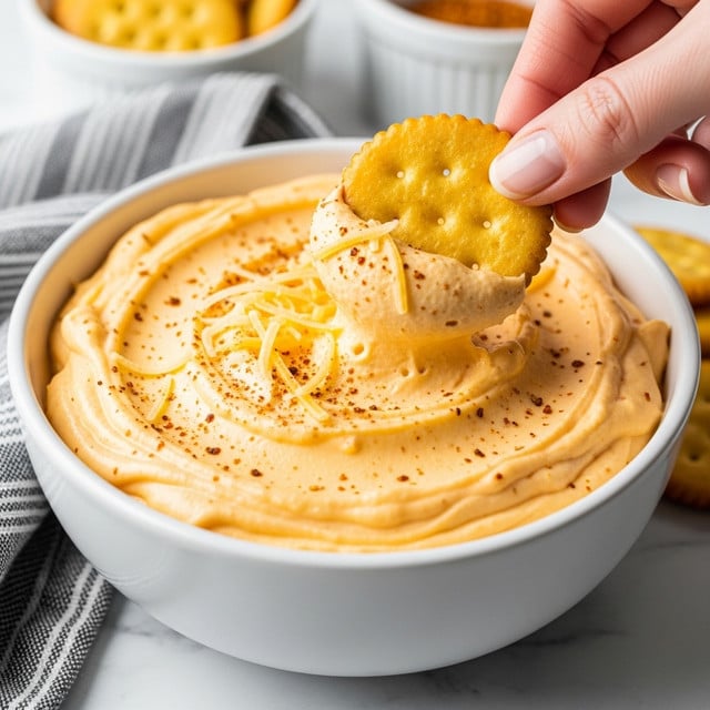 A close-up image shows a white bowl filled with smooth, creamy orange cheese dip, swirled with soft peaks and sprinkled lightly with finely shredded cheese and a dusting of reddish seasoning on top. A golden round cracker with a slightly shiny, textured surface is dipped into the cheese dip, held by a woman's hand with neatly manicured nails. The bowl sits on a white marbled surface, with a gray and white striped cloth napkin partially visible on the left side. In the blurred background, there are small white bowls holding more crackers and seasoning. photo taken with an iphone --ar 4:5 --v 7