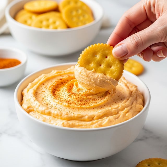 A white bowl filled with smooth, creamy orange cheese dip topped with a light sprinkle of reddish-orange spice, slightly textured on top with swirls and small peaks; a round golden cracker with a slightly bumpy surface is being dipped into the cheese by a woman's hand with light skin and short nails. The bowl is set on a white marbled surface with a soft-focus of another white bowl with more crackers and a small white bowl of reddish-orange spice in the background. photo taken with an iphone --ar 4:5 --v 7