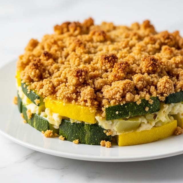 The image shows a close-up of a dish with two main layers visible. The bottom layer is made up of green and yellow pieces that look soft and cooked, possibly squash or zucchini. On top of this layer is a crumbly, golden-brown topping that seems crunchy and slightly uneven. Both layers sit on a white plate placed on a white marbled surface. The colors are warm and inviting, with a clear contrast between the soft greenish-yellow base and the crisp, brown topping. Photo taken with an iphone --ar 4:5 --v 7