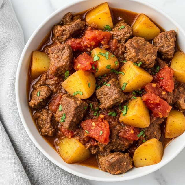The image shows a close-up view of a bowl filled with a thick stew. The stew has large, chunky pieces of yellow potatoes and brown beef pieces evenly mixed in a rich, brown sauce. Small green herb pieces are sprinkled on top, adding a fresh touch. The stew looks hearty and textured, with chunks of red tomato visible throughout. The bowl is white and sits on a white marbled surface, next to a light gray cloth. photo taken with an iphone --ar 4:5 --v 7