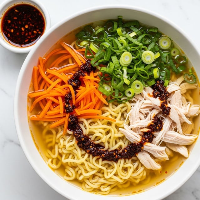 A close-up view of a white bowl filled with ramen soup on a white marbled surface, showing clear broth with a golden tint. The bowl contains several layers: at the base are yellow curly noodles, on top of which there are bright orange julienned carrots on one side, and shredded white chicken pieces on the other side. There is a generous pile of thinly sliced green onions scattered over one half of the bowl. Dark red chili oil drizzled over parts of the soup creates a contrast with the lighter broth and ingredients. To the top left of the bowl, there is a small white ceramic cup filled with extra dark chili oil. Photo taken with an iphone --ar 4:5 --v 7