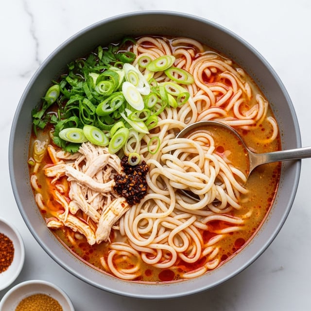 A large gray bowl filled with hot soup showing a rich reddish-orange broth at the base, filled with long white noodles tangled in the middle and upper right part. Bright green sliced scallions scatter throughout, layered on top with some resting at the top of the soup. Shredded white chicken pieces mix in around the scallions, and tiny red chili oil drops float on the broth's surface. A silver ladle dips into the soup on the right side, lifting some noodles and broth. The bowl sits on a white marbled surface with two small white dishes holding red spices on the lower left side. Photo taken with an iphone --ar 4:5 --v 7