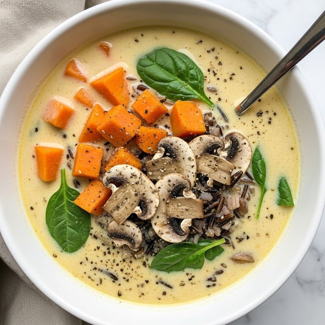A close-up of a white bowl filled with creamy soup showing three main layers: soft orange cubed sweet potatoes floating on top, thinly sliced light brown mushrooms spread evenly, and bright green spinach leaves scattered throughout. The creamy soup base is pale yellow with specks of black pepper sprinkled on the surface. There are also long grains of dark wild rice mixed in, adding texture. A shiny silver spoon sits inside the bowl, angled from the top right. The bowl rests on a light beige cloth over a white marbled surface. photo taken with an iphone --ar 4:5 --v 7