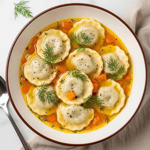 A white bowl with a brown rim holds six plump ravioli in a rich yellow broth with small pieces of orange and dotted with green dill leaves on top. Each ravioli is pale cream colored with soft, folded edges and a lightly wrinkled texture, sprinkled with black pepper. The broth looks creamy with a glossy surface and some herbs floating across. The bowl is placed on a light beige cloth on a white marbled background, with a spoon seen on the left side. photo taken with an iphone --ar 4:5 --v 7