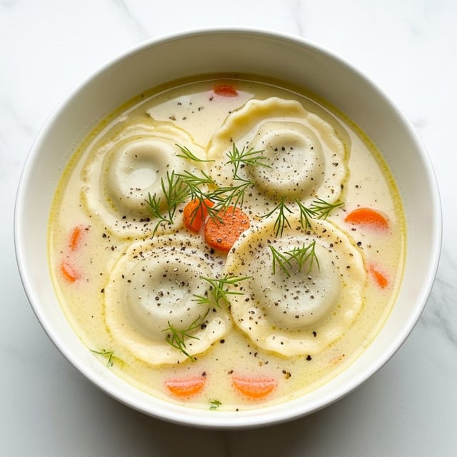 A white bowl filled with creamy soup containing four large, white ravioli floating near the surface, with small pieces of orange carrot scattered inside. The creamy broth has a light yellow tint and is topped with thin, green dill leaves and a sprinkle of black pepper. The bowl sits on a white marbled surface with soft light casting gentle shadows. photo taken with an iphone --ar 4:5 --v 7