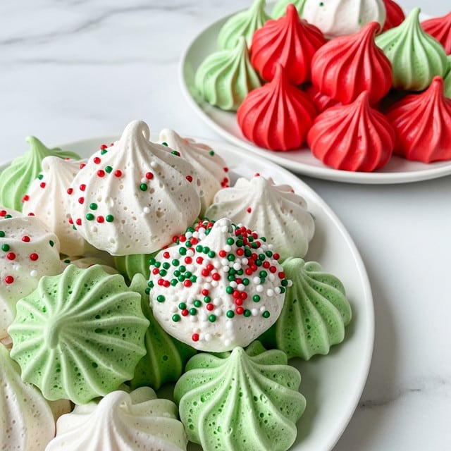 The image shows two white plates filled with Christmas meringue cookies in three colors: white, red, and light green. The meringues are shaped like small swirled peaks with a smooth, shiny texture and tiny air bubbles on the surface. Some white meringues have red and green sprinkles, while one has a topping of small red, green, and white round sprinkles. The meringues are piled closely together, creating a colorful, festive look. The plates are placed on a white marbled surface, adding a clean and bright background. Photo taken with an iphone --ar 4:5 --v 7