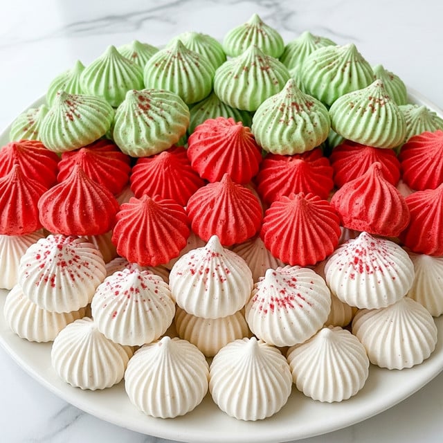 A white plate filled with small, light meringue cookies arranged in two layers; the bottom layer is mainly white with smooth, round ridges, topped by a second layer with various colors including bright red with a matte texture, soft green with pointed swirls, and white with red speckles dusted lightly on top. The meringues have a crisp, glossy surface with star-shaped peaks and fine ridges, sitting on a white marbled surface that adds a clean and festive look. Photo taken with an iphone --ar 4:5 --v 7