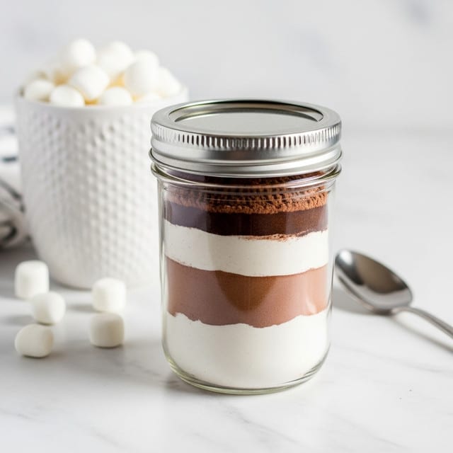 A clear glass jar with a silver metal lid shows four thick layers inside; starting from the bottom is a white powdery layer, followed by a smooth, dark brown cocoa powder layer, then another white powdery layer, and topped with a thin layer of dark brown cocoa powder. Behind the jar, a white textured mug filled with small white marshmallows is partly visible, with a few loose marshmallows and a silver spoon on a white marbled surface. photo taken with an iphone --ar 4:5 --v 7