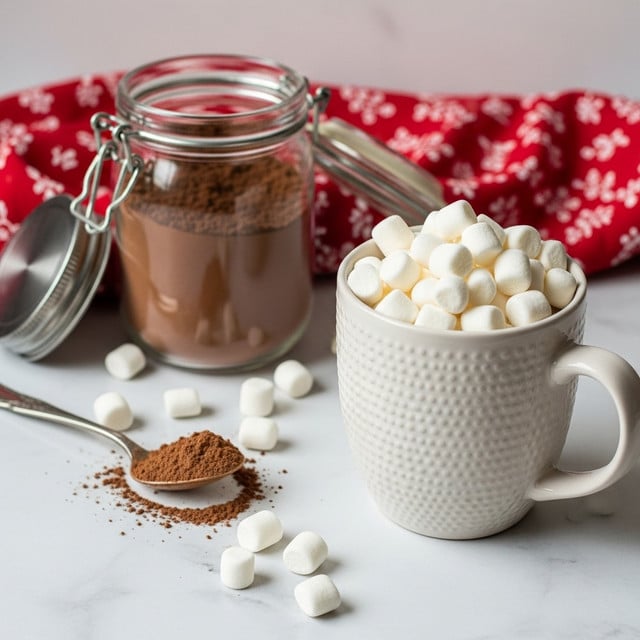 A white textured mug filled to the top with small, white marshmallows is placed on a white marbled surface. Behind the mug, there is a clear glass jar filled with brown cocoa powder with a metal lid beside it. A silver spoon holding some cocoa powder lies near the jar with a few marshmallows scattered around the mug and spoon. In the background, a red cloth with white patterns adds a pop of color. The whole scene is softly lit and has a cozy feel. photo taken with an iphone --ar 4:5 --v 7