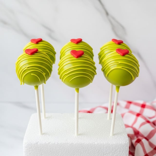 Five cake pops are shown standing upright on white sticks inserted into a white foam block. Each cake pop is round and covered in a smooth, bright yellow-green coating with thin yellow-green icing drizzled decoratively over the surface. On top of each, there is a small, red heart-shaped decoration. The background is a white marbled texture with a soft red and white checkered cloth partially visible on the right side. The photo taken with an iphone --ar 4:5 --v 7