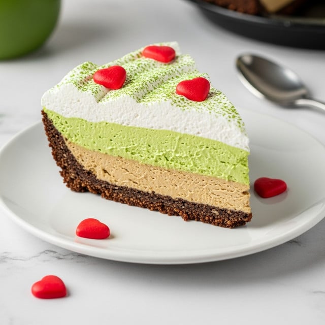 A triangular slice of pie sits on a white plate against a white marbled surface. The pie has three distinct layers: a crumbly dark brown crust at the bottom and edges, a thick middle filling of smooth, light green cream, and a top layer of fluffy white cream sprinkled with light green powder. Small red heart-shaped candies decorate the top and one is placed on the white marbled surface near the plate. The background includes a blurred green object and a metallic spoon. Photo taken with an iphone --ar 4:5 --v 7