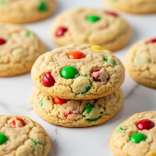A close-up view of multiple soft cookies stacked on a white marbled surface. The cookies have a light golden-brown color with a slightly bumpy texture, showing small bits of colorful candy pieces in red, green, and orange scattered throughout. The cookies are unevenly shaped and thick, with one cookie placed on top of another in the center, giving a sense of their thickness and softness. The background is softly blurred, drawing focus to the cookies' detailed texture. photo taken with an iphone --ar 4:5 --v 7