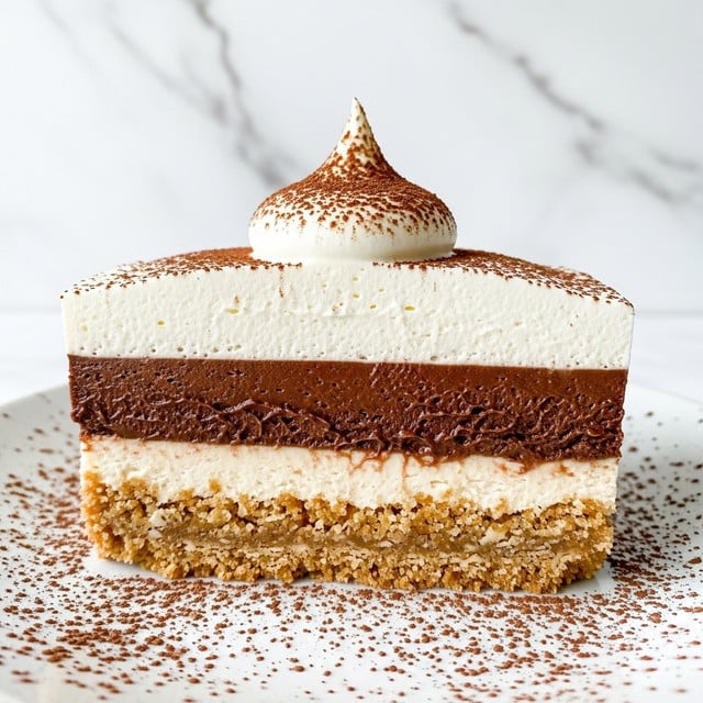 The image shows a close-up of a slice of layered dessert on a white plate with a white marbled surface in the background. The dessert has three layers: the bottom layer is a crumbly, light brown crust with a textured, crunchy appearance; the middle layer is thick and smooth dark brown chocolate filling; the top layer is a thick, fluffy layer of white whipped cream, with a small peak of whipped cream in the center dusted lightly with cocoa powder. Cocoa powder is also sprinkled around the plate edges, adding a fine texture. Photo taken with an iphone --ar 4:5 --v 7