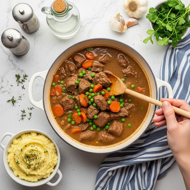 A top view of a creamy brown stew in a white pot with two handles, filled with chunks of dark brown beef, bright orange carrot pieces, and small green peas mixed in a thick sauce, stirred by a wooden spoon held by a woman's hand wearing a blue and white striped cloth underneath. The pot sits on a white marbled textured surface with a small white bowl of mashed potatoes garnished with herbs in the bottom left corner, and some garlic and green herbs in the top right. Two metal salt and pepper shakers and a clear bottle with a cork are placed near the top left. photo taken with an iphone --ar 4:5 --v 7
