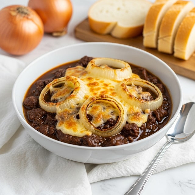 A white bowl holds a thick beef stew topped with a layer of melted cheese that is golden brown and bubbly. On top of the cheese, several soft, caramelized onion rings are lightly browned and placed in a circular pattern. The stew beneath is rich and dark brown with small pieces of tender beef visible. The bowl sits on a white cloth napkin with a silver spoon beside it, set on a white marbled surface. In the background, there are whole onions and sliced white bread on a wooden board. photo taken with an iphone --ar 4:5 --v 7