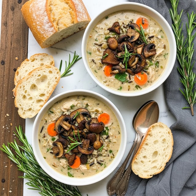 Two white bowls filled with creamy mushroom soup sit on a white marbled texture with rustic brown wooden accents underneath. The soup layers show a light creamy base with visible pieces of wild rice, orange carrot slices, and green herbs mixed throughout. On top, there are browned, roasted mushrooms of different shapes and sizes, along with sprigs of rosemary adding a fresh green and brown contrast. Around the bowls, there are slices of crusty white bread with a textured, airy crumb, and two vintage silver spoons lay next to one bread slice. A folded gray cloth and fresh rosemary sprigs are placed to the side, completing the cozy, rustic presentation. photo taken with an iphone --ar 4:5 --v 7