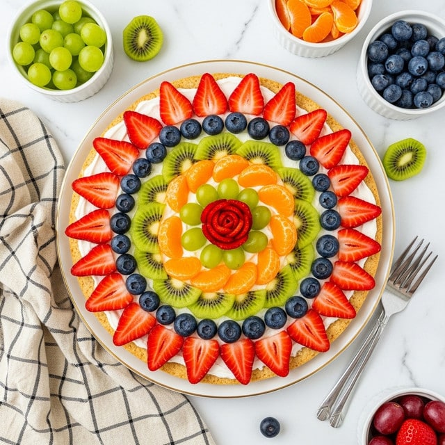 A fruit pizza with multiple colorful layers is displayed on a white plate with a gold rim, placed on a white marbled surface. The base layer is creamy white, likely cream cheese or yogurt spread evenly. The outermost layer of fruit consists of bright red strawberry slices arranged in a circular pattern, each slice pointing outward like petals. Inside this is a ring of small dark blue blueberries, followed by a layer of green kiwi slices with visible seeds. Closer to the center, there is a circle of orange mandarin segments, then a layer of green grapes in an oval shape. The very center features a small rose made of halved strawberry pieces. Around the plate are small white bowls filled with extra green grapes, orange mandarins, kiwi slices, and blueberries, with a beige and black checkered cloth on the left and two silver forks on the right edge of the frame. Photo taken with an iphone --ar 4:5 --v 7