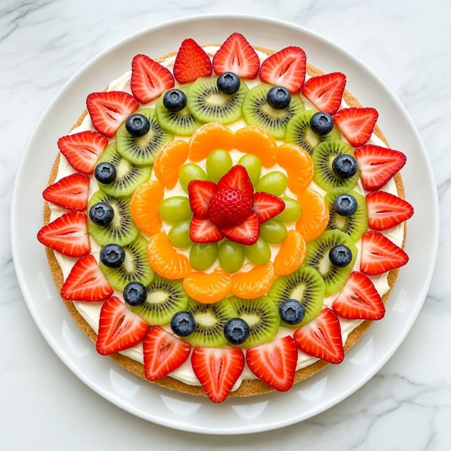 A round fruit pizza is shown on a white plate, placed on a white marbled surface. The base is light golden brown with a smooth cream layer covering it. Starting from the center, there is a small flower shape made from red strawberry slices. Around it, there is a circle of green grapes mixed with some blueberries. Next, a wider ring of bright orange mandarin slices follows. Outside this, another ring of green kiwi slices appears, each with a soft texture and small black seeds. A thin circle of blueberries surrounds the kiwi layer. The outermost layer has red strawberry halves with visible seeds and a glossy look, arranged evenly around the edge. The colors are bright and fresh, showing clear details of each fruit’s texture. photo taken with an iphone --ar 4:5 --v 7