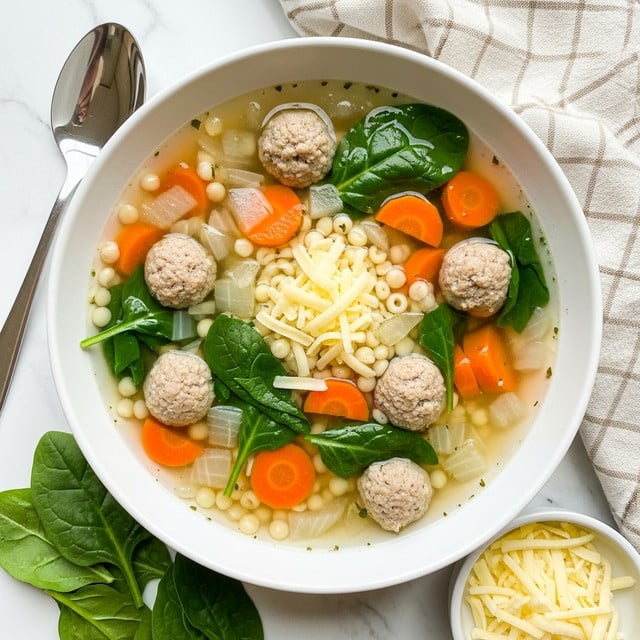 A white bowl filled with clear broth soup containing small light brown meatballs scattered evenly, bright orange carrot cubes, translucent diced onions, small white pasta pearls, and dark green spinach leaves floating throughout. The soup is topped with a small mound of light yellow shredded cheese in the center. The bowl sits on a white marbled surface next to a spoon on the left and a small white dish with more shredded cheese on the bottom right. Fresh spinach leaves lie near the bottom left corner and a beige checkered cloth is partially visible behind the soup bowl. photo taken with an iphone --ar 4:5 --v 7