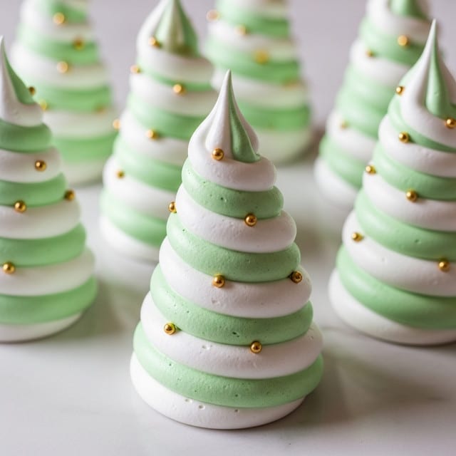 The image shows several small meringue trees that are swirled with soft white and light green colors in a spiral shape, with each tree decorated with small, shiny gold balls scattered evenly on the surface. Each meringue tree has multiple swirled layers stacked tall, tapering to a fine point at the top, standing upright on a smooth white marbled surface. The texture looks light, airy, and crisp, with gentle shadows giving depth to the curves. Photo taken with an iphone --ar 4:5 --v 7