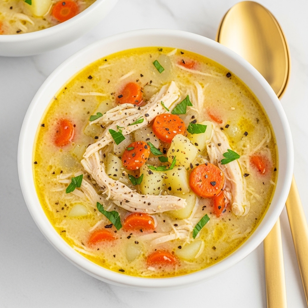 A close-up of thick chicken soup in a white bowl filled with creamy broth that has a pale yellow color mixed with small chunks of orange carrots, white shredded chicken pieces, and tiny bits of potatoes. Small green parsley flakes are sprinkled on top, with black pepper flakes adding specks of dark texture. The bowl rests on a white marbled surface next to two golden spoons stacked together. Part of a second white bowl with the same soup is visible at the top left corner. photo taken with an iphone --ar 4:5 --v 7