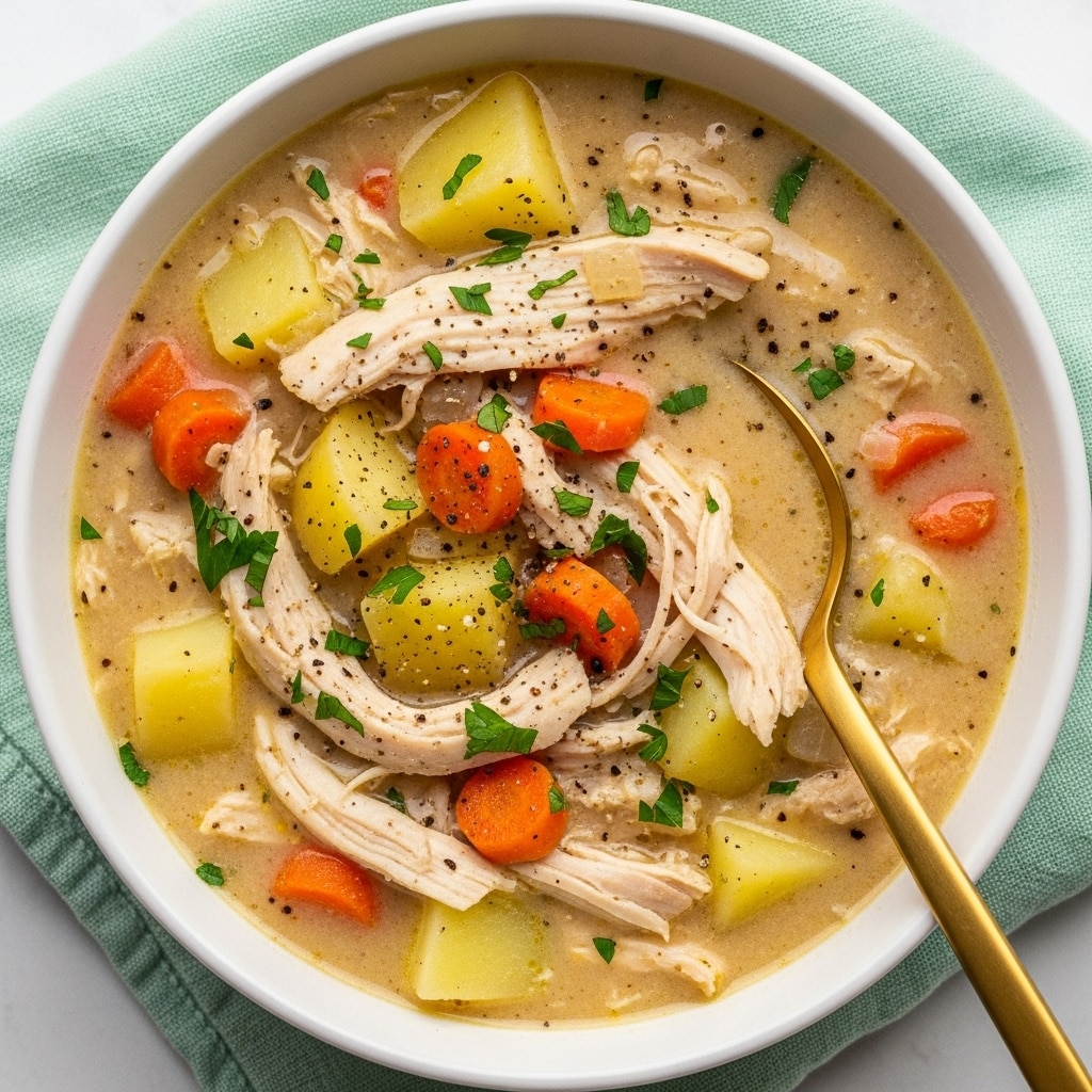 A close-up image of a thick chicken soup in a white bowl filled with shredded pale chicken pieces, small cubed orange carrots, and tender yellow potatoes in a creamy light beige broth sprinkled with small chopped green herbs and black pepper. A gold spoon is resting inside the bowl, set on a soft mint green cloth, all placed on a white marbled surface. The soup shows a cozy, rich texture with visible bits of seasoning on the top. Photo taken with an iphone --ar 4:5 --v 7