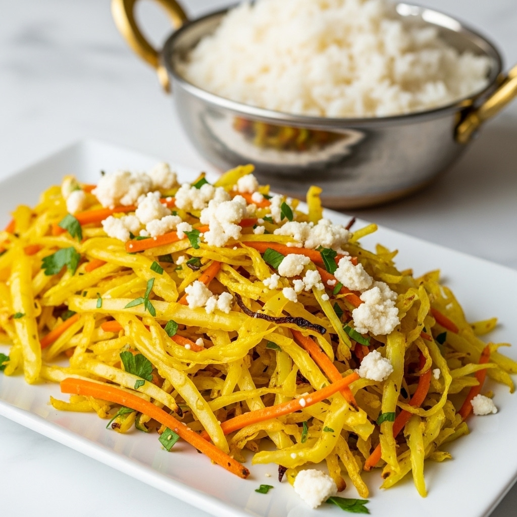 A white rectangular plate holds a bright yellow mix of shredded vegetables, mainly thin yellow strands likely cooked cabbage, mixed with orange carrot strips and small bits of green herbs scattered throughout. On top, there are small white crumbles, adding texture and contrast. The dish looks lightly cooked with slight caramelization, giving some brown edges. In the background, a silver bowl with gold handles and filled with white rice rests on a white marbled surface. The focus is on the colorful vegetable mix in the front. photo taken with an iphone --ar 4:5 --v 7