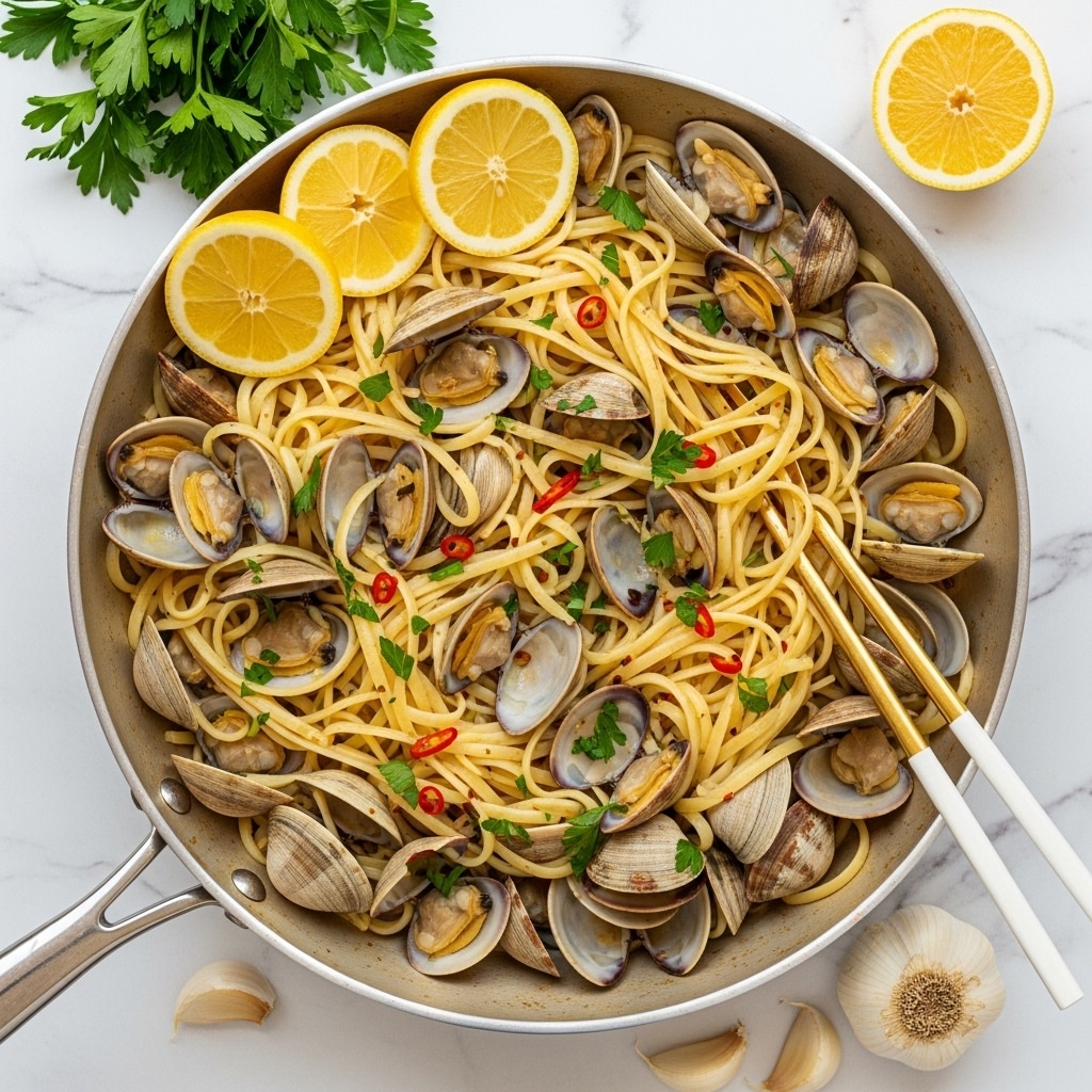 A large pan filled with linguine pasta mixed with many open clams showing their soft, light brown meat inside grayish-white shells; the pasta is pale yellow, slightly glossy, and sprinkled with small green parsley leaves and red chili flakes; three lemon wedges with bright yellow peel and pale yellow flesh are placed on top near the pan’s edge; two gold and white chopsticks rest on the right side inside the pan; the pan is placed on a white marbled surface with some garlic cloves and lemon halves nearby; fresh parsley leaves are partially visible at the top of the image; photo taken with an iphone --ar 4:5 --v 7