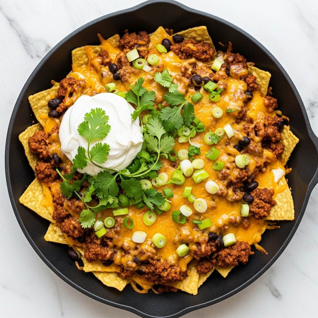 A close-up of a cheesy, layered dish in a black pan on a white marbled surface. The layers include melted golden-yellow cheese stretching as a spoon lifts a portion, black beans, ground meat with a reddish-brown sauce, and diced tomatoes. On top, there are bright green chopped scallions and fresh cilantro leaves scattered, with a dollop of white sour cream garnished with cilantro in the foreground. The melted cheese is gooey and bubbly, covering the top layer of the dish. photo taken with an iphone --ar 4:5 --v 7