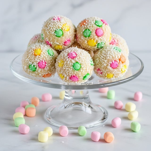 The image shows a close-up of several round Easter Cathedral Candy pieces stacked on a white decorative plate with a scalloped edge. Each candy piece has a textured outer layer coated in shredded white coconut. Inside, there are pastel-colored marshmallow chunks in green, pink, orange, and yellow, creating a colorful mosaic pattern within the white coconut coating. Around the plate, tiny pastel marshmallows in similar colors are scattered. The background surface is a white marbled texture, softly blurred to keep the focus on the candy. photo taken with an iphone --ar 4:5 --v 7
