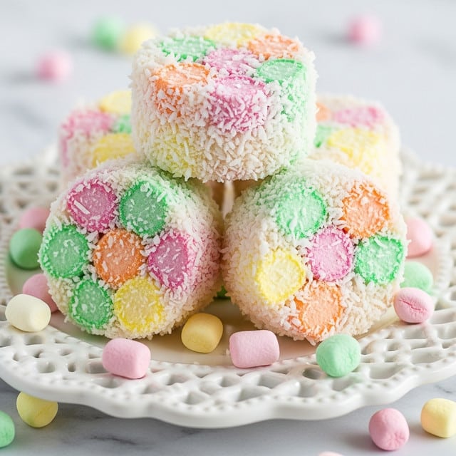 The image shows a clear glass pedestal plate filled with round white treats that have colorful pastel sprinkles—pink, green, yellow, and orange—embedded inside. The treats have a soft, crumbly texture and are coated lightly with white coconut flakes. Scattered around the plate and on the white marbled surface are tiny pastel marshmallows in similar soft colors of pink, green, and orange, adding to the playful and sweet look of the setup. photo taken with an iphone --ar 4:5 --v 7