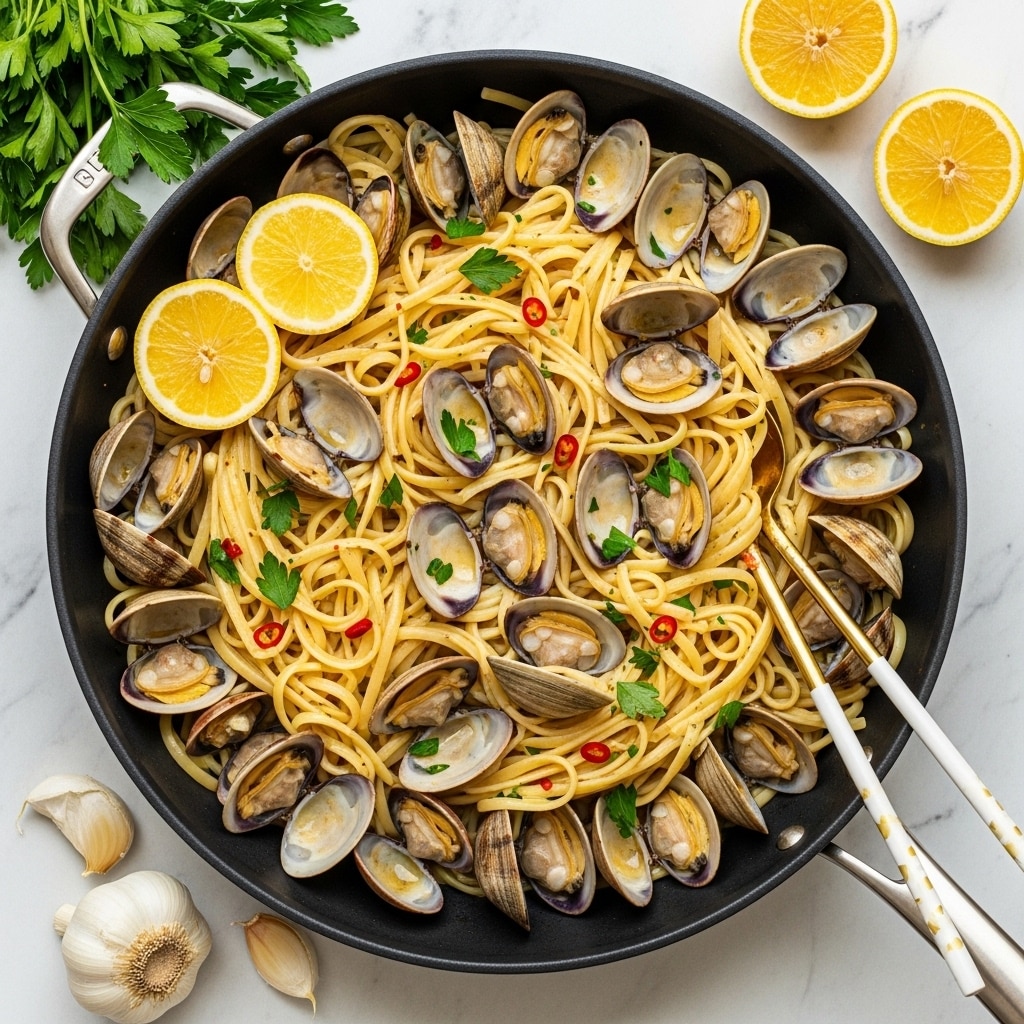 A black bowl holds a creamy plate of linguine pasta with several small clams in their shells scattered on top and throughout the noodles; the pasta is light yellow with visible pieces of green parsley and red pepper flakes mixed in, and a wedge of bright yellow lemon sits on the side. A woman's hand with a black fork is lifting some of the noodles from the center, creating a slight swirl in the pasta. The background shows a glass of white wine and some blurred green herbs on a white marbled surface. photo taken with an iphone --ar 4:5 --v 7