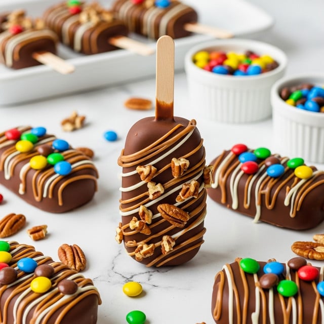 The image shows several chocolate popsicles on wooden sticks, each coated with a dark chocolate layer. On top of the chocolate, there are two different kinds of drizzle: one light brown and one white, creating thin stripes over the popsicles. The popsicle in the front center is decorated with chopped pecans, and the other popsicles are sprinkled with colorful candy-coated chocolates in red, green, yellow, blue, and orange. Some of the candies and nut pieces are scattered around the popsicles on a white marbled surface. In the background, there is a white tray holding more popsicles and two small white bowls filled with candies and nuts. photo taken with an iphone --ar 4:5 --v 7