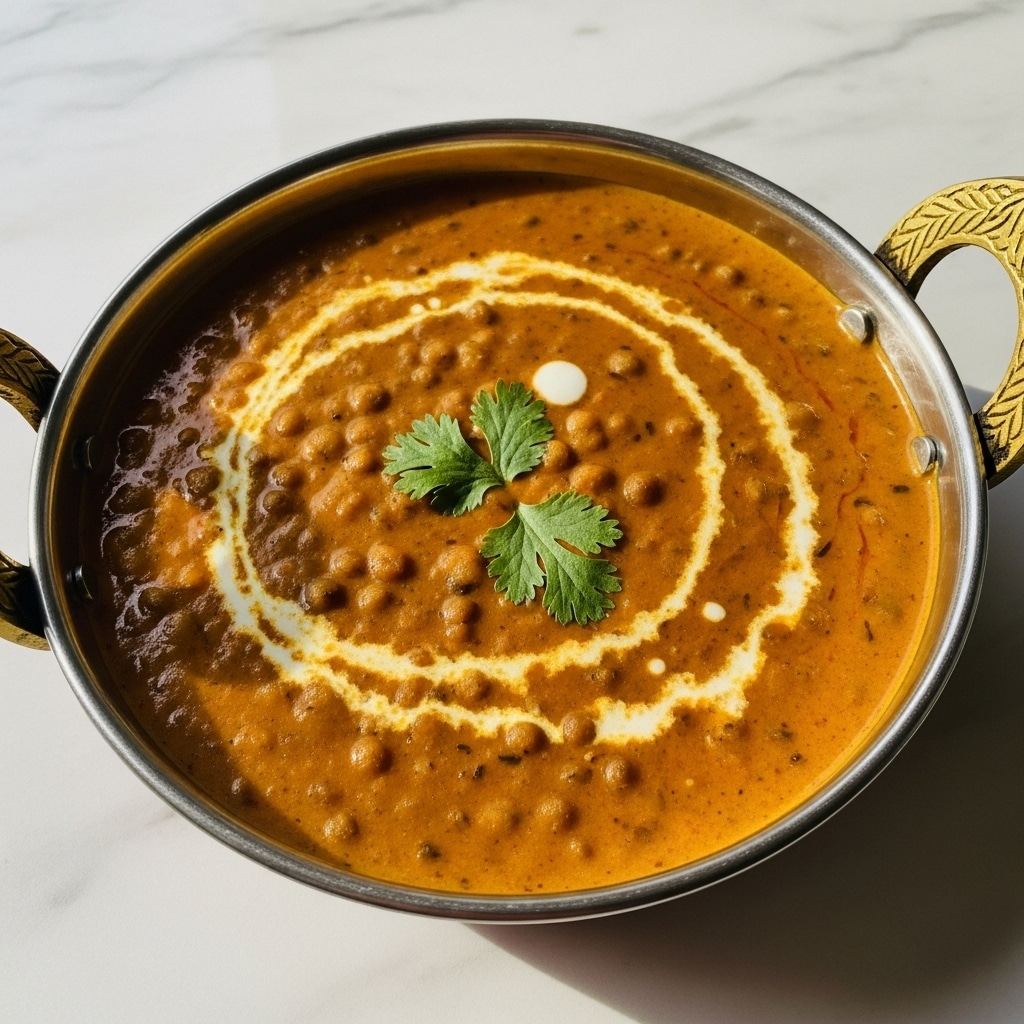 A round metal bowl with two small curved handles holds a thick, creamy curry rich in warm orange and brown tones. The curry’s surface is slightly swirled with a lighter cream color, dotted with small, dark lentils. Three small green cilantro leaves float on top, adding a fresh touch of color. The bowl sits on a white marbled surface that softly reflects the warm light. photo taken with an iphone --ar 4:5 --v 7