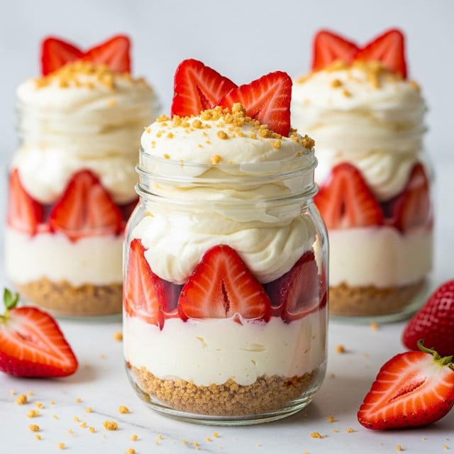 The image shows a clear glass jar filled with four visible layers. The bottom layer is a crumbly golden crust, followed by a creamy white layer with a thick texture. Above this is a layer of fresh, red sliced strawberries with visible seeds and juicy texture. The top layer is again a creamy white, thick and fluffy, sprinkled with golden crumbs and garnished with two pieces of strawberry on top. The jars are placed on a white marbled surface with strawberry slices and crumbs scattered around for decoration. photo taken with an iphone --ar 4:5 --v 7