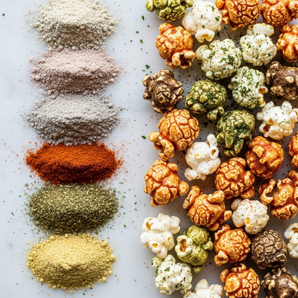 The image shows a close-up of popcorn and five different seasonings side by side on a white marbled surface. The popcorn is scattered on the right side, each piece covered in different seasonings, giving them varied colors and textures including white with green herbs, orange-red spices, and darker brown powders. On the left side, the seasonings are laid out in neat horizontal piles, with colors ranging from pale gray, light purple-gray, a mix of green herbs, reddish-brown, to pale yellow with green specks. The contrast between the fluffy, irregular popcorn shapes and the fine, textured powders creates a visually interesting scene. Photo taken with an iphone --ar 4:5 --v 7