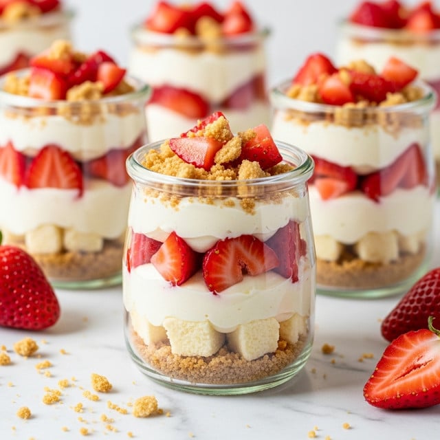 The image shows several small glass jars filled with a layered dessert. Each jar has three main layers: the bottom layer is a crumbly, light beige crust, the middle layer is creamy and white with small chunks mixed in, and the top layer has sliced red strawberries and more crumbly crust sprinkled over the cream. The jars are placed on a white marbled surface with some crumbs and strawberry pieces scattered around, creating a casual and fresh look. The focus is sharp on one jar in the front, showing the details of the layers clearly, while the other jars blur gently in the background. photo taken with an iphone --ar 4:5 --v 7